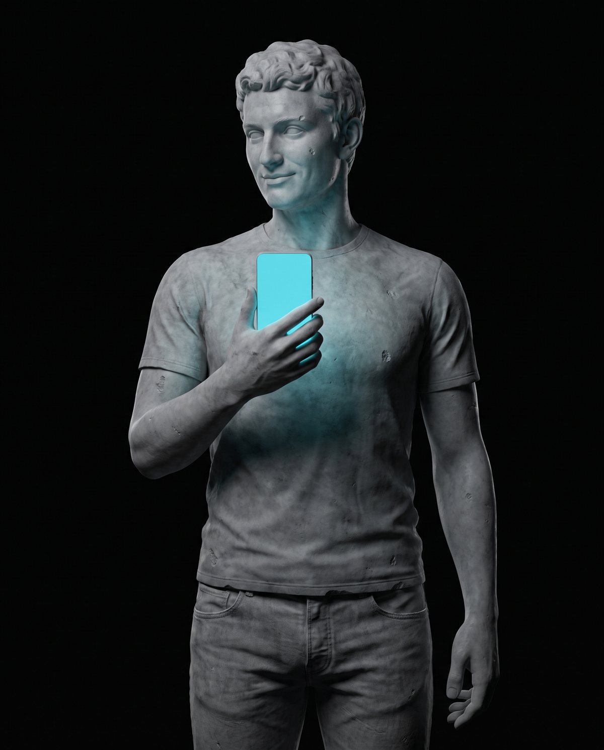 Estátua de mármore em pé, sorrindo para o celular que ilumina o rosto em ciano