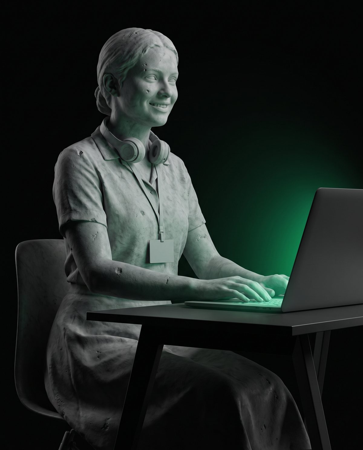 Estátua de mármore sentada à mesa, com crachá e headset, digitando num laptop que ilumina o rosto em verde