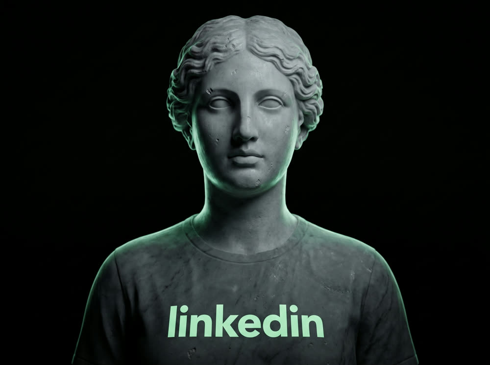 Busto de mármore de uma mulher com camiseta escrita linkedin